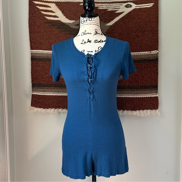 Reformation Corson Teal Lace Up Romper - Picture 5 of 14